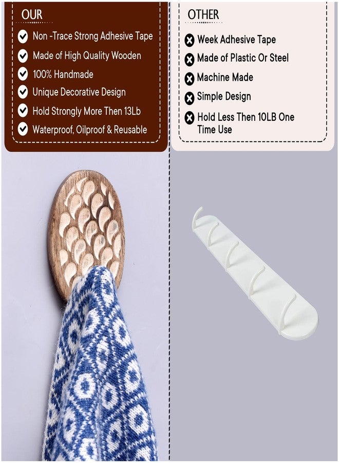 Indian-Shelf IndianShelf 3 Piece Wood Adhesive Decorative Wall Hooks for Hanging Coats, Keys, Towels, Hat, Leash- Brown & White Boho Sticky Wood Towel Hooks for Bathrooms (6 Strips Included) - Image 4